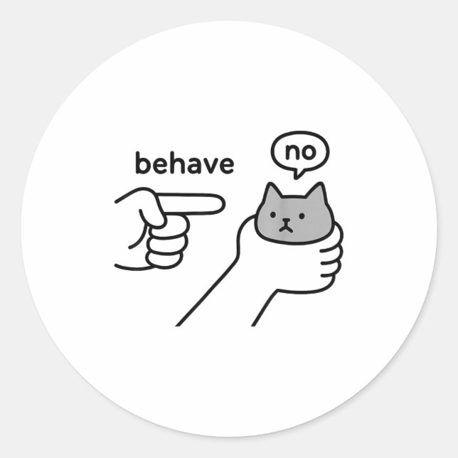 Adesivo Redondo Behave No Funny Cat Meme Cartoon Design  (Frente)