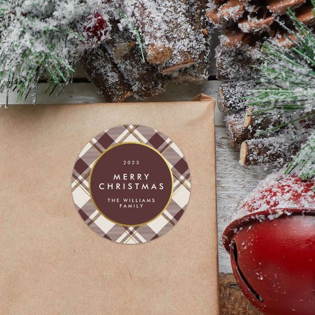 Adesivo Redondo Beige & Dark Red Tartan Xadrez Feliz Natal (Criador carregado)
