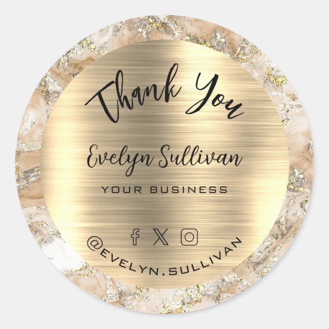 Adesivo Redondo Beige Dourado Fluid Marble Obrigado (Frente)