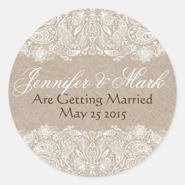 Adesivo Redondo Beige Faux Linen Burlap & White Paisley Lace (Frente)