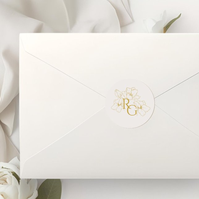 Adesivo Redondo Beige Ivory | Floral Faux Gold Monogram Wedding  (Criador carregado)