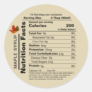Adesivo Redondo Beige Maple Syrup Nutrition Facts with Maple Leaf