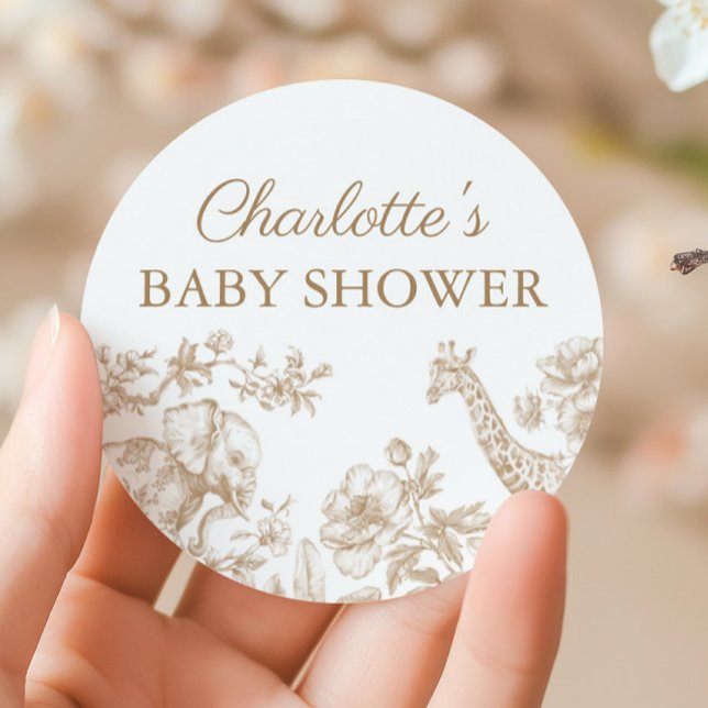 Adesivo Redondo Beige Neutral Chá de fraldas Safari Toile de Jouy (Beige Neutral Baby Shower Safari Toile de Jouy Classic Round Sticker)