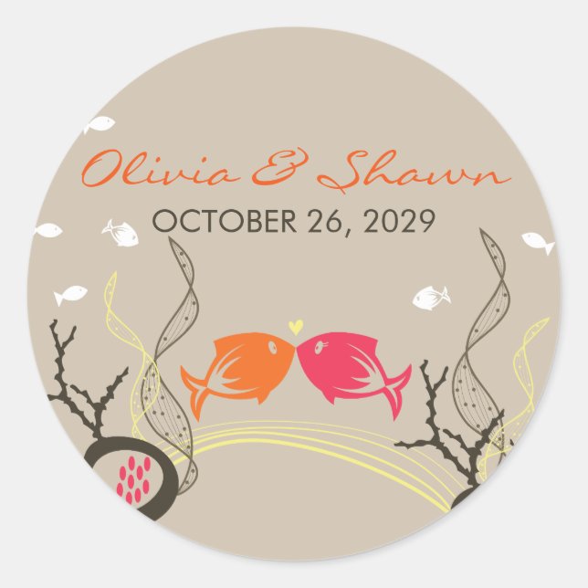 Adesivo Redondo Beijar Fishes Corais Praia Casamento Cogado (Frente)