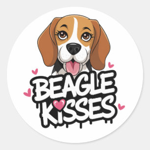 Adesivo Redondo Beijo de Beagle Fofo Coração Rosa para Amante de C