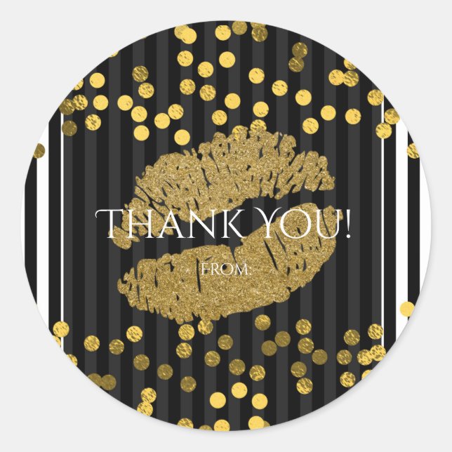 Adesivo Redondo Beijo de Lábios Dourados com faixas verticais pret (Frente)