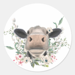 Adesivo Redondo beijo de nariz de vaca flores aquarela cinza anima