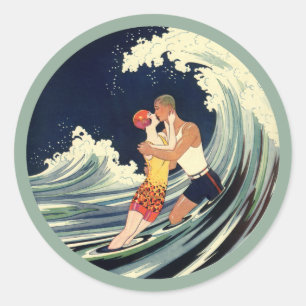 Adesivo Redondo Beijo dos amantes do art deco do vintage nas ondas