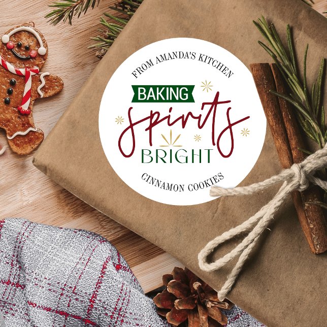Adesivo Redondo Beking Spiray Bright Holiday Home Cookies cozidos (Trendy red & green Christmas Baking Spirits Bright stickers for your desserts)
