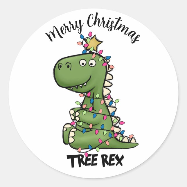 Adesivo Redondo Bela árvore verde Rex Dino Luzes Feliz Natal (Frente)