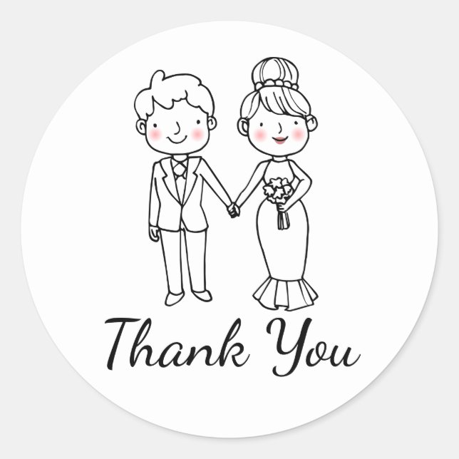 Adesivo Redondo Bela Caricatura Branca Preta Obrigado Casamento (Frente)