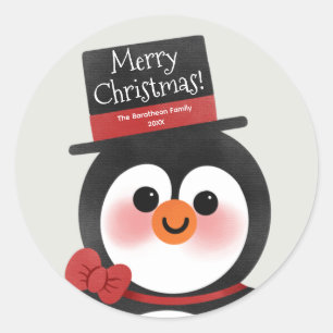 Adesivo Redondo Bela Caricatura Família Pinguim Feliz Natal