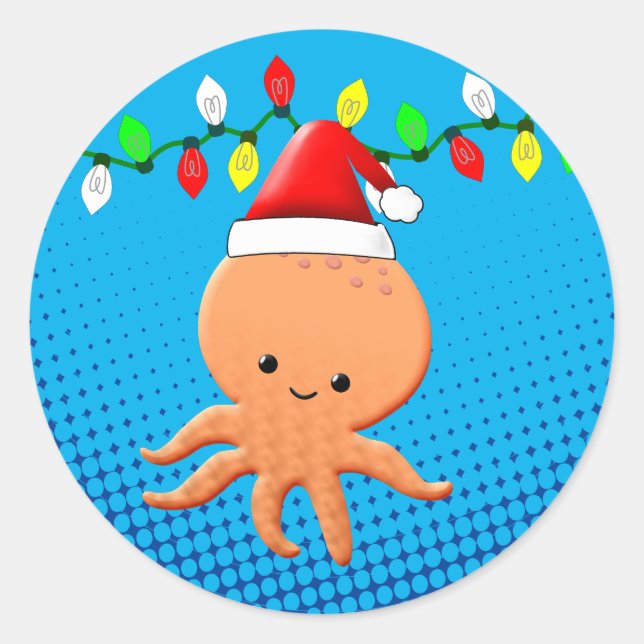 Adesivo Redondo Bela caricatura Octopus Santa Hat Luzes de Natal (Frente)