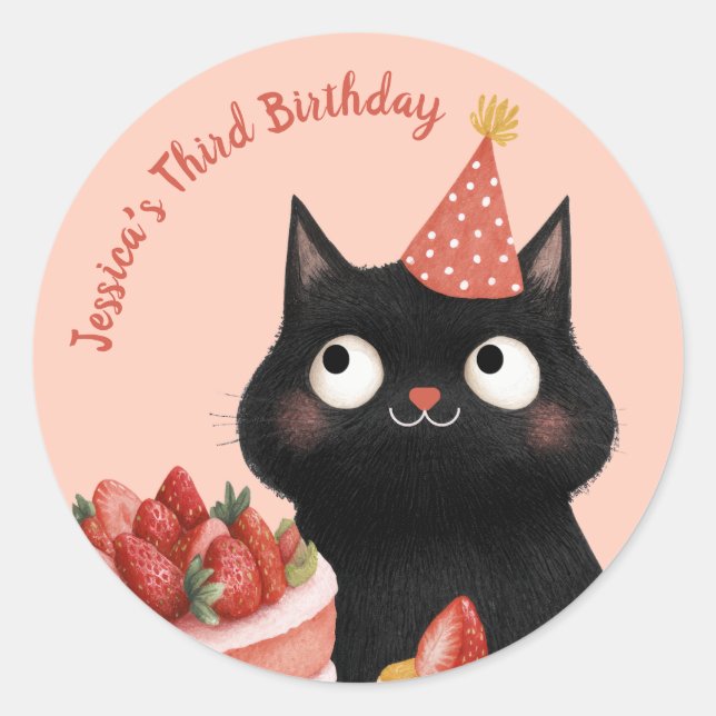 Adesivo Redondo Bela Cartoon Black Cat Kids Purr-fect Birthday (Frente)