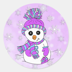 Adesivo Redondo Bela Cartoon Roxo Snowman Floco de Neve Natal