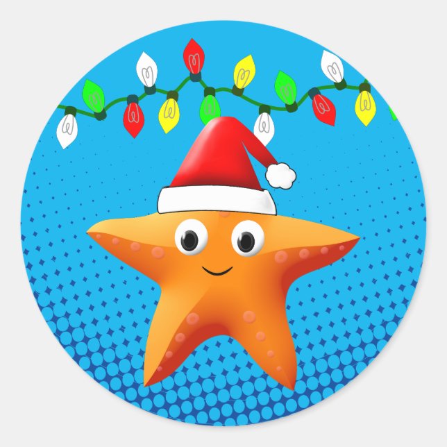 Adesivo Redondo Bela Cartoon Starfish Santa Hat Luzes de Natal (Frente)