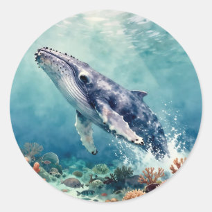 Adesivo Redondo Bela Ilustração de Baleia com Impasto Oceânico