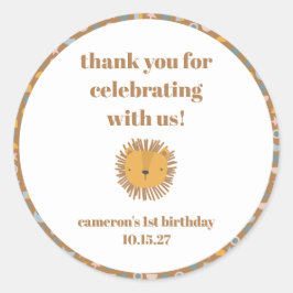 Adesivo Redondo Bela Leão, Bebê Costumado Aniversário Obrigado