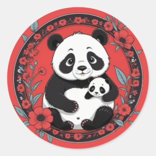 Adesivo Redondo Bela Panda segurando bebê com flores vermelhas