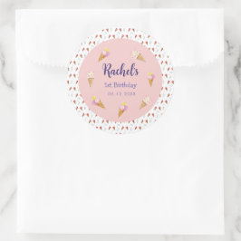 Adesivo Redondo Bela Sorvete Rosa, Garota do Cone, Aniversário