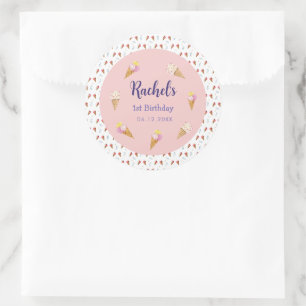 Adesivo Redondo Bela Sorvete Rosa, Garota do Cone, Aniversário