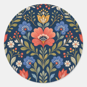 Adesivo Redondo Belas Flores Silvestres Escandinavas em Azul Marin