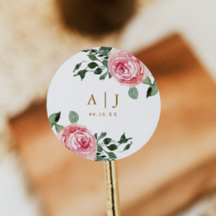 Adesivo Redondo Belas Rosas com Monograma e Data de Casamento Cla