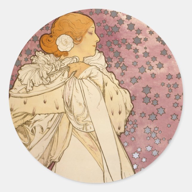 Adesivo Redondo Beleza da Mulher Mucha Art Nouveau (Frente)