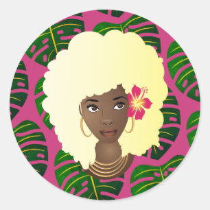 Adesivo Redondo Beleza natural do cabelo, folhas tropicais, rosa