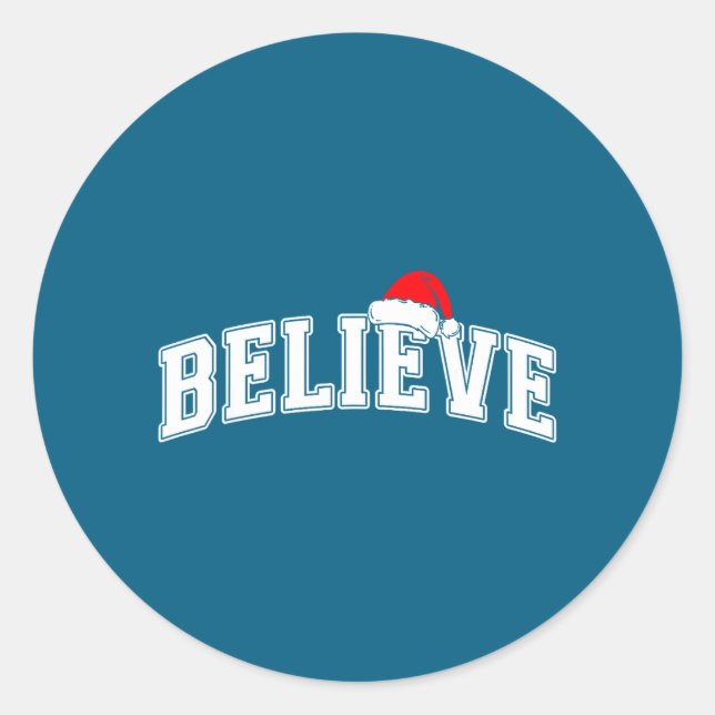 Adesivo Redondo Believe Christmas Varsity Text With Santa Hat Fami (Frente)