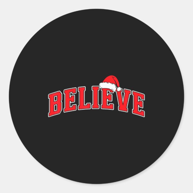 Adesivo Redondo Believe Christmas Varsity Text With Santa Hat Fami (Frente)