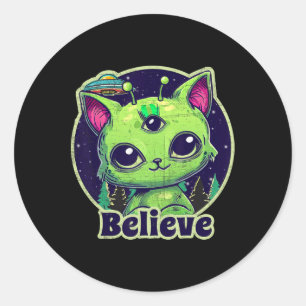 Adesivo Redondo Belive De Gato De Alienígena Bonita Em Ufo Kawaii