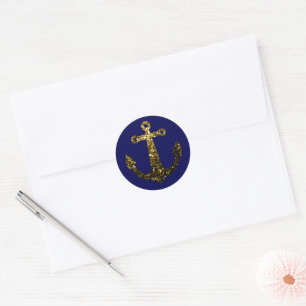 Adesivo Redondo Belo Amarelo Dourado brilha Âncora no Marinho Azu