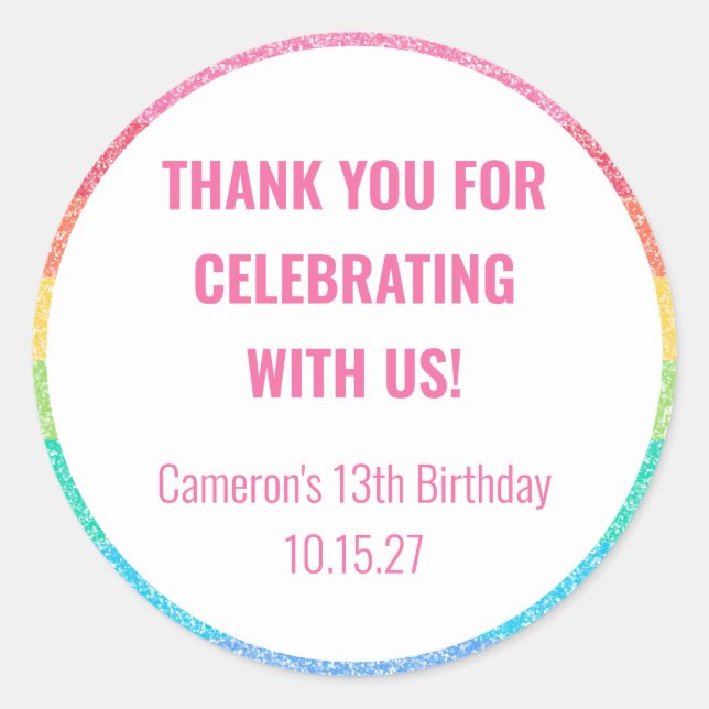 Adesivo Redondo Belo Aniversário Personalizado Do Arco-Íris, Muito (Frente)