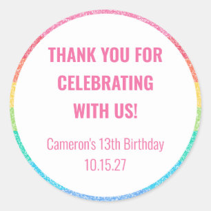Adesivo Redondo Belo Aniversário Personalizado Do Arco-Íris, Muito