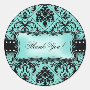 Adesivo Redondo Belo Aqua Blue e Black Damask Obrigado