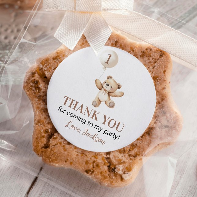 Adesivo Redondo Belo Balão do Urso Cute Teddy Primeiro Aniversário (Criador carregado)