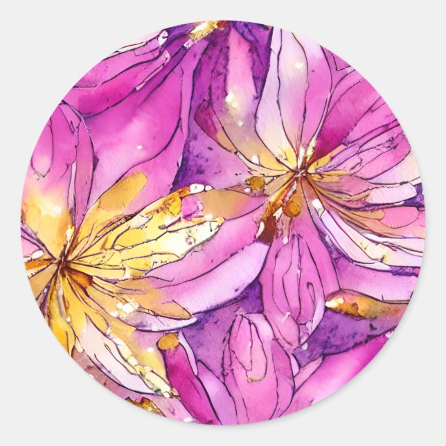 Adesivo Redondo Belo Boho Rosa e Dourado Padrão Floral (Frente)