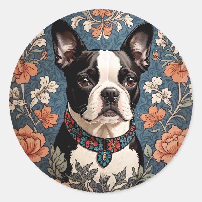 Adesivo Redondo Belo Boston Terrier William Morris Inspirou (Frente)