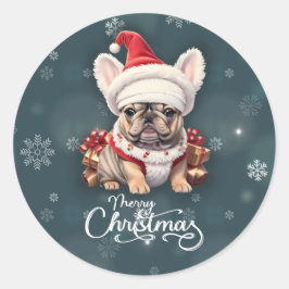 Adesivo Redondo Belo Bulldog Francês Santa Hat Feliz Natal