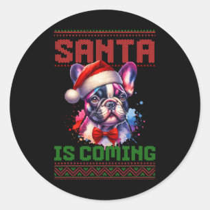 Adesivo Redondo Belo Bulldog Francês Santa Hat Holly de Natal
