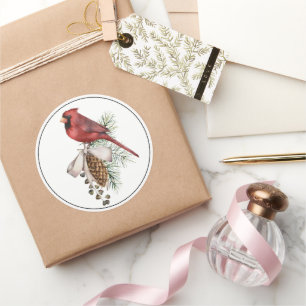 Adesivo Redondo Belo Cardeal de Natal Vermelho com Pine Cone