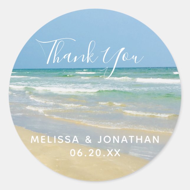 Adesivo Redondo Belo Casamento de Praia à beira do Mar Obrigado (Frente)