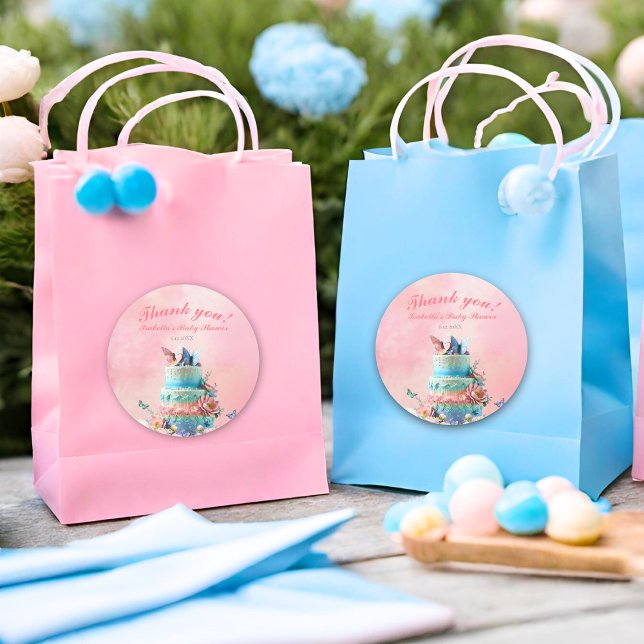 Adesivo Redondo Belo Chá de fraldas das Borboletas Gêmeas (Twice the beauty, fluttering joy, twins adorned with butterfly love stickers.)