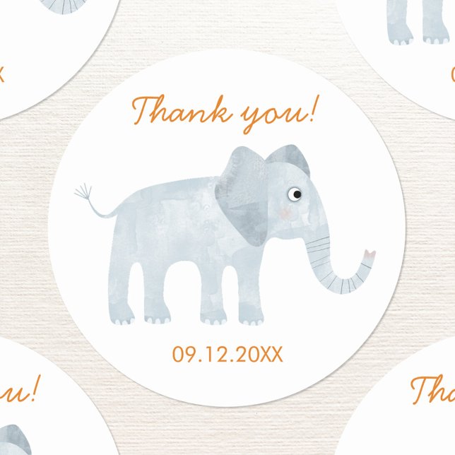 Adesivo Redondo Belo Elefante De Bebê Obrigado Data (Cute baby elephant watercolor thank you sticker with date and custom text)