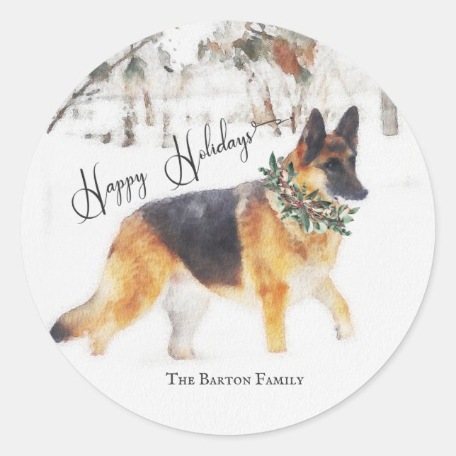 Adesivo Redondo Belo feriado de German shepherd de Aquarela (Frente)