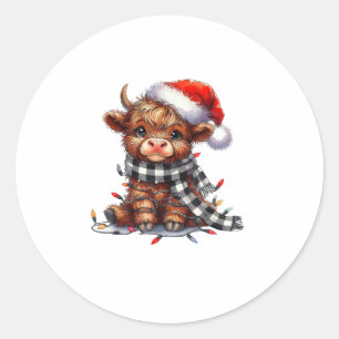 Adesivo Redondo Belo Natal Luzes de Highland Vaca Engraçada Natal
