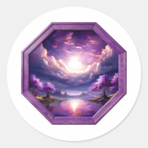 Adesivo Redondo Belo Quadro Paisagem Roxa Com Reflexos