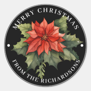 Adesivo Redondo Belo Red Poinsettia Feliz Natal em Preto