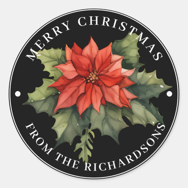 Adesivo Redondo Belo Red Poinsettia Feliz Natal em Preto (Frente)
